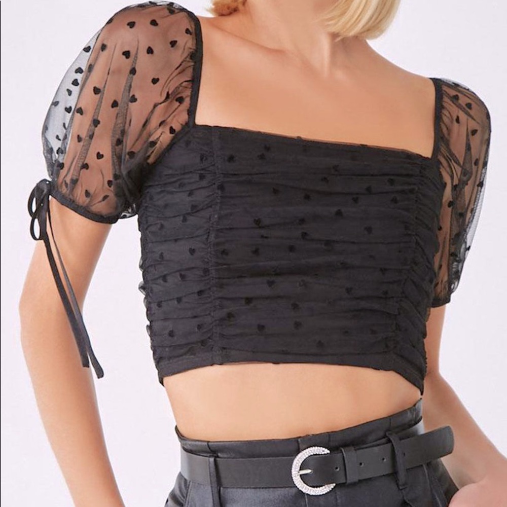 Ruched Heart Print Sheer Mesh Crop Top